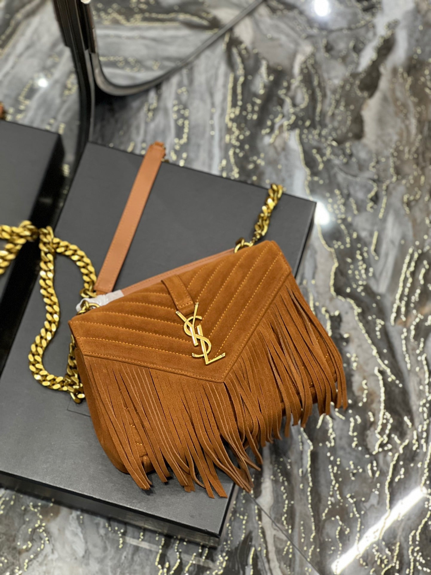 SAINT LAURENT College Quilted Gold Brown Suede Fringed Shoulder Bag