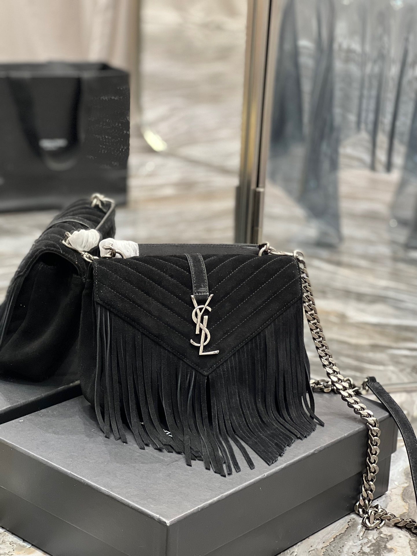 SAINT LAURENT College Quilted Black Suede Fringed Shoulder Bag