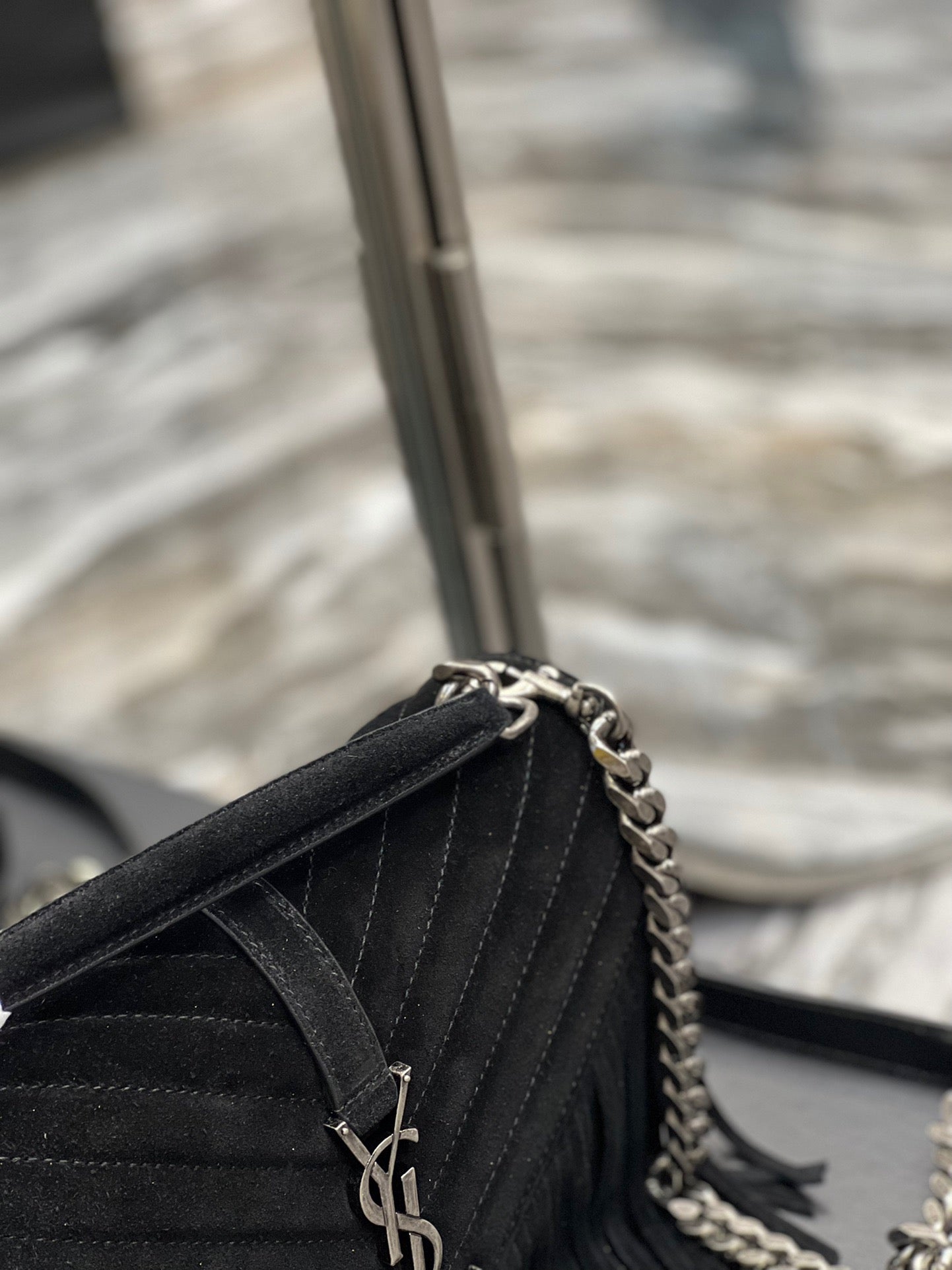 SAINT LAURENT College Quilted Black Suede Fringed Shoulder Bag