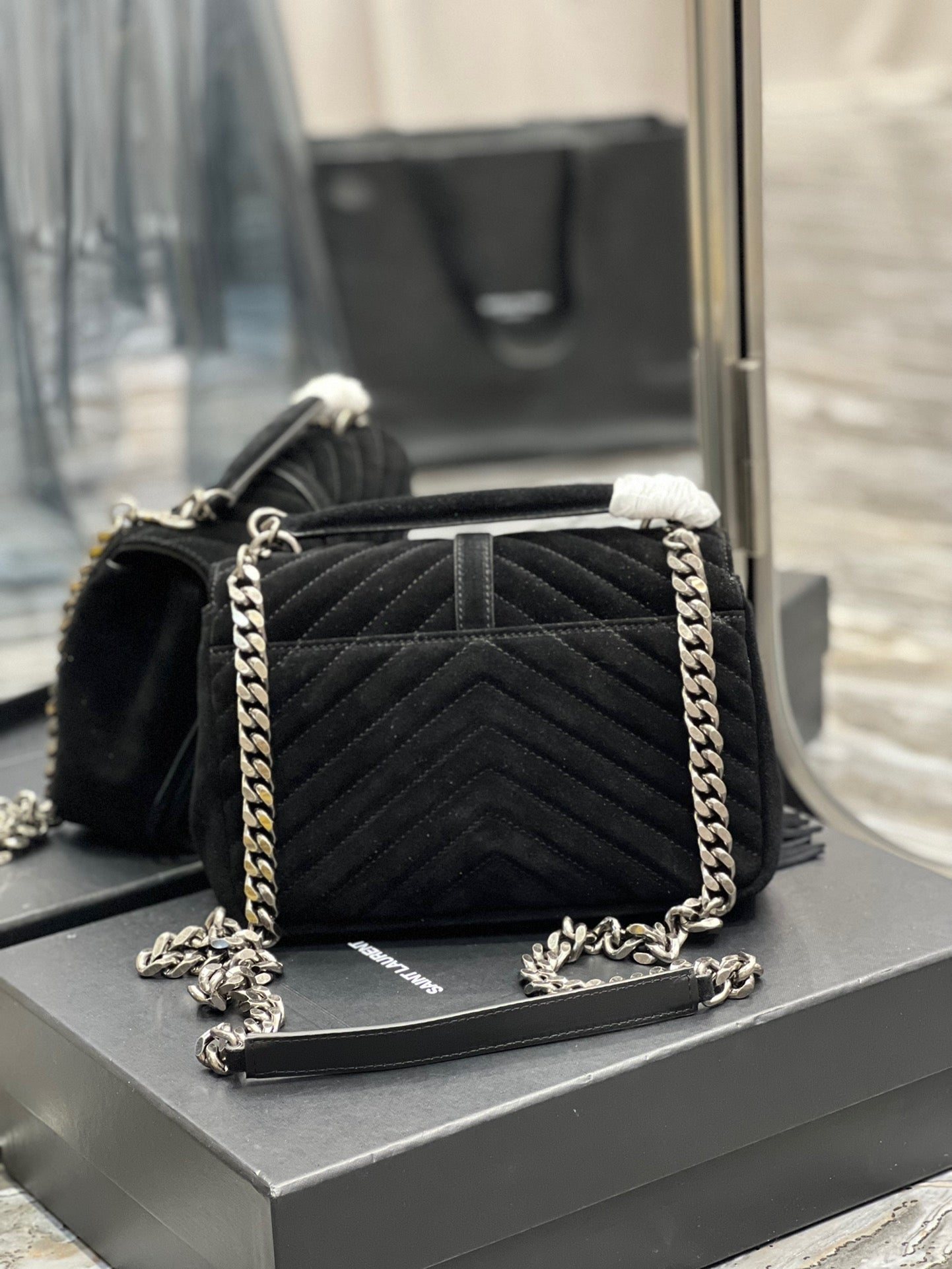 SAINT LAURENT College Quilted Black Suede Fringed Shoulder Bag