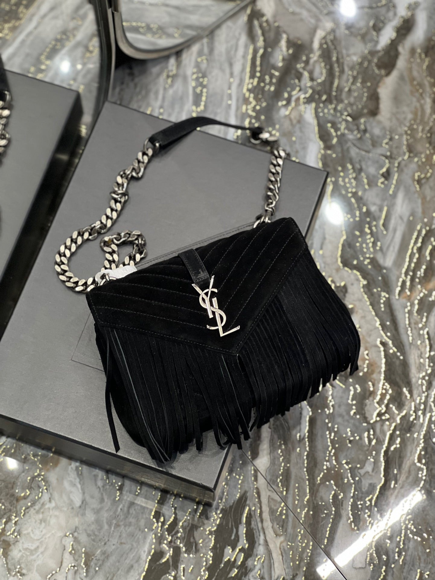 SAINT LAURENT College Quilted Black Suede Fringed Shoulder Bag