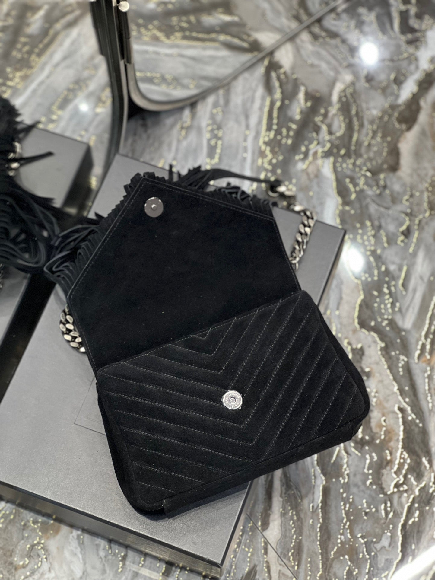 SAINT LAURENT College Quilted Black Suede Fringed Shoulder Bag