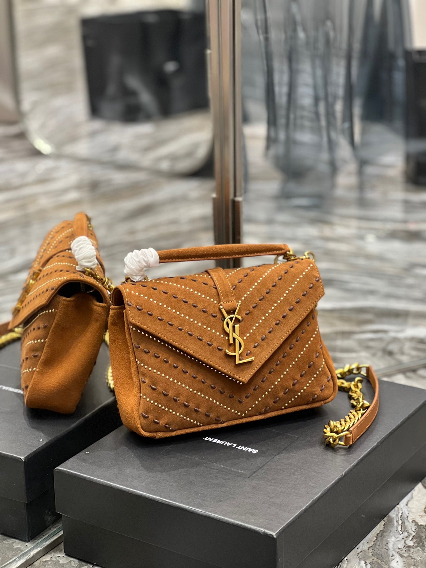 SAINT LAURENT College Ysl-Logo Quilted Gold Brown Suede Shoulder Bag