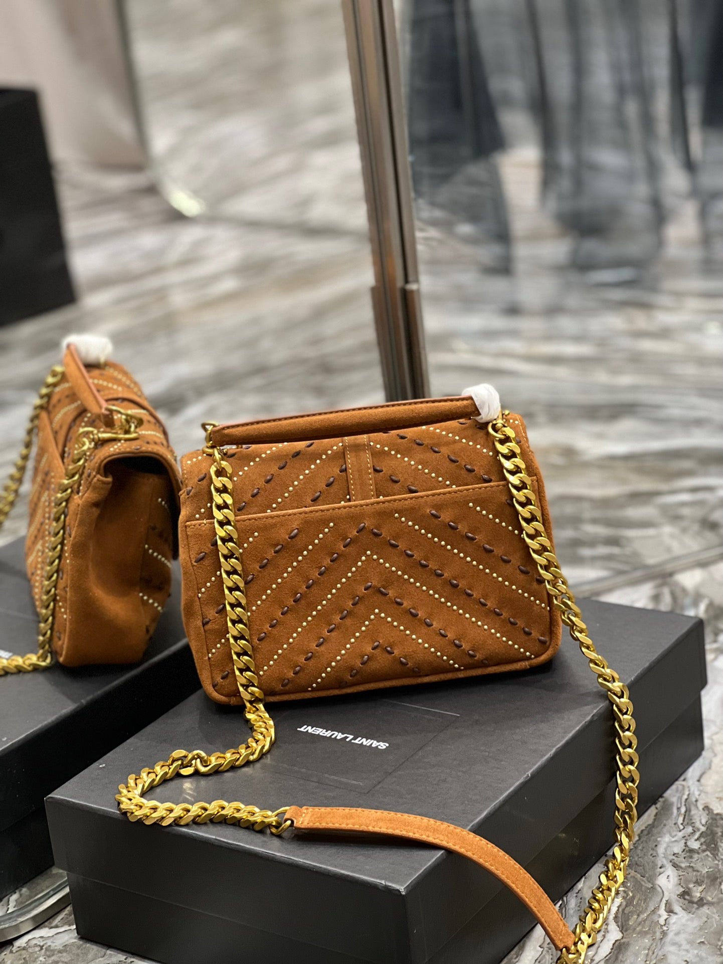 SAINT LAURENT College Ysl-Logo Quilted Gold Brown Suede Shoulder Bag