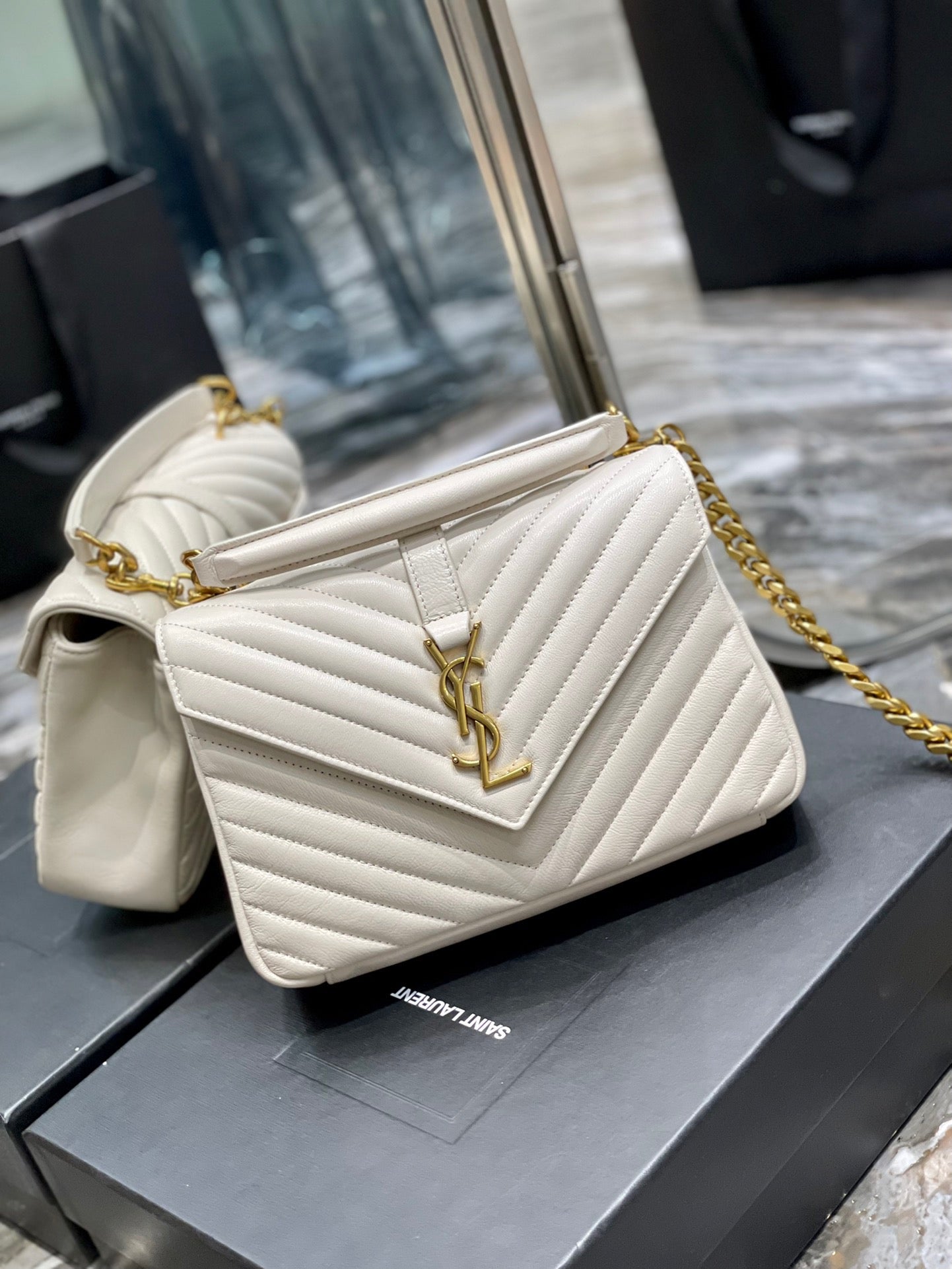 Saint Laurent College Medium Chain Bag In White Goatskin