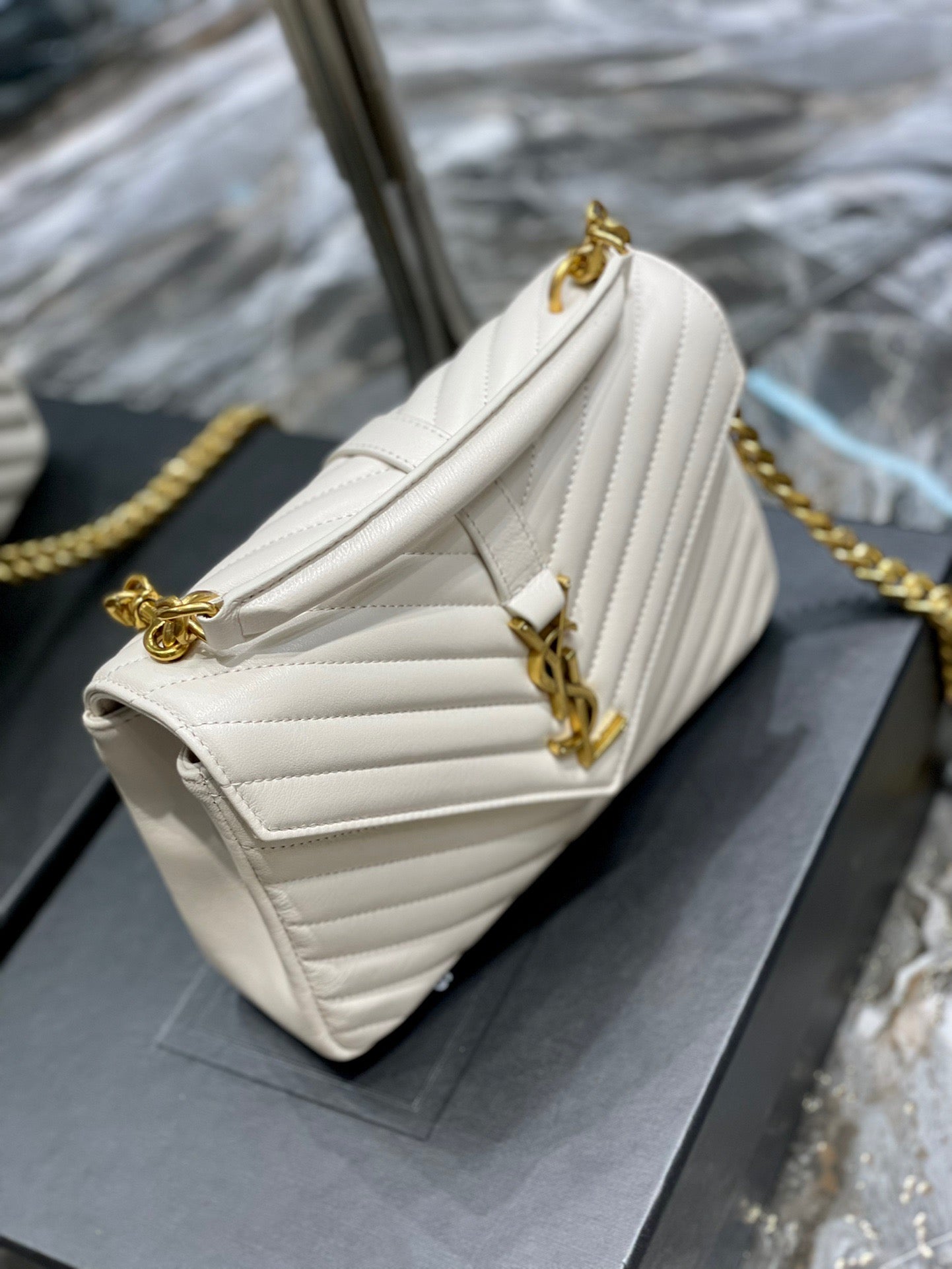 Saint Laurent College Medium Chain Bag In White Goatskin