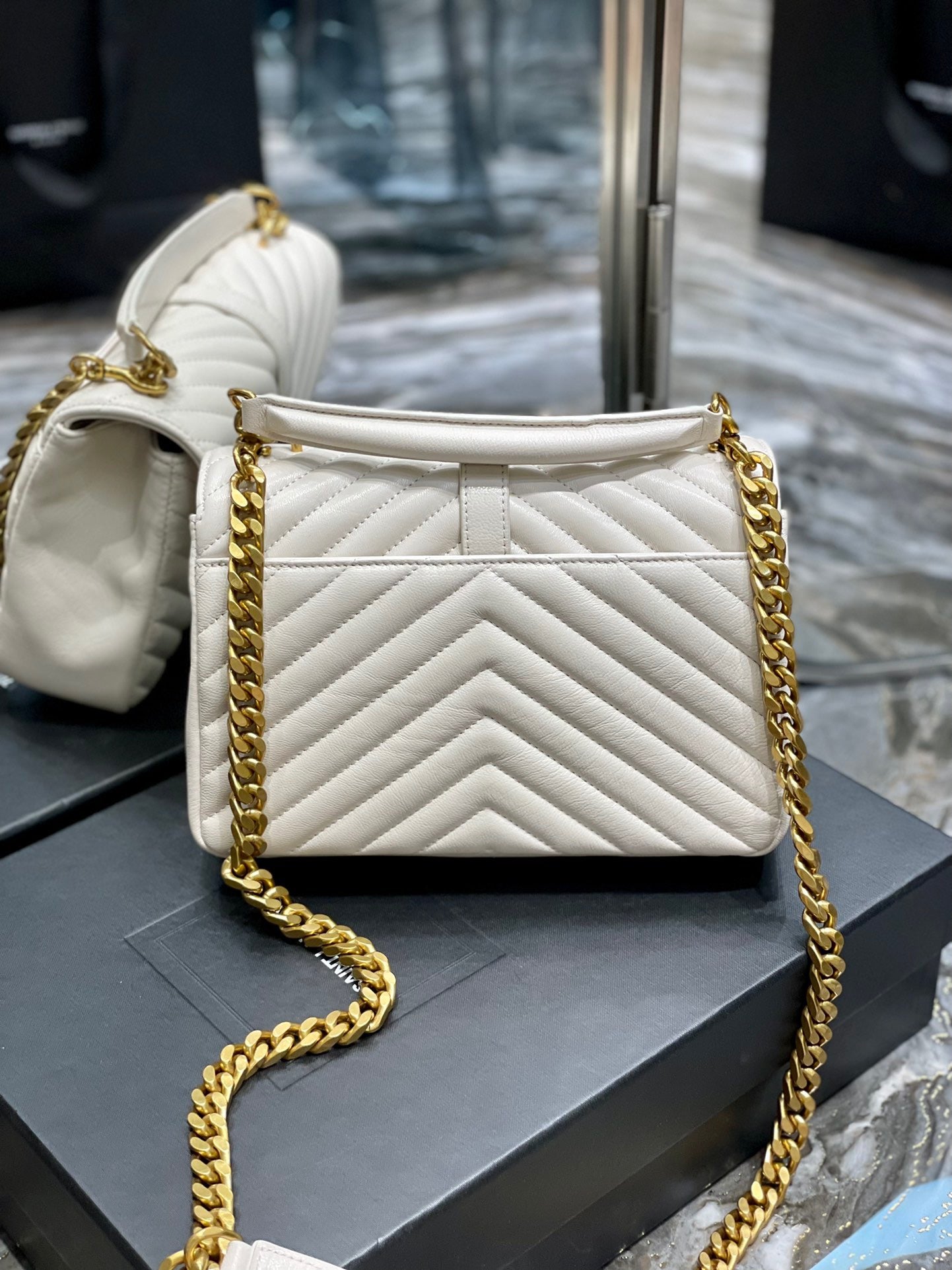 Saint Laurent College Medium Chain Bag In White Goatskin