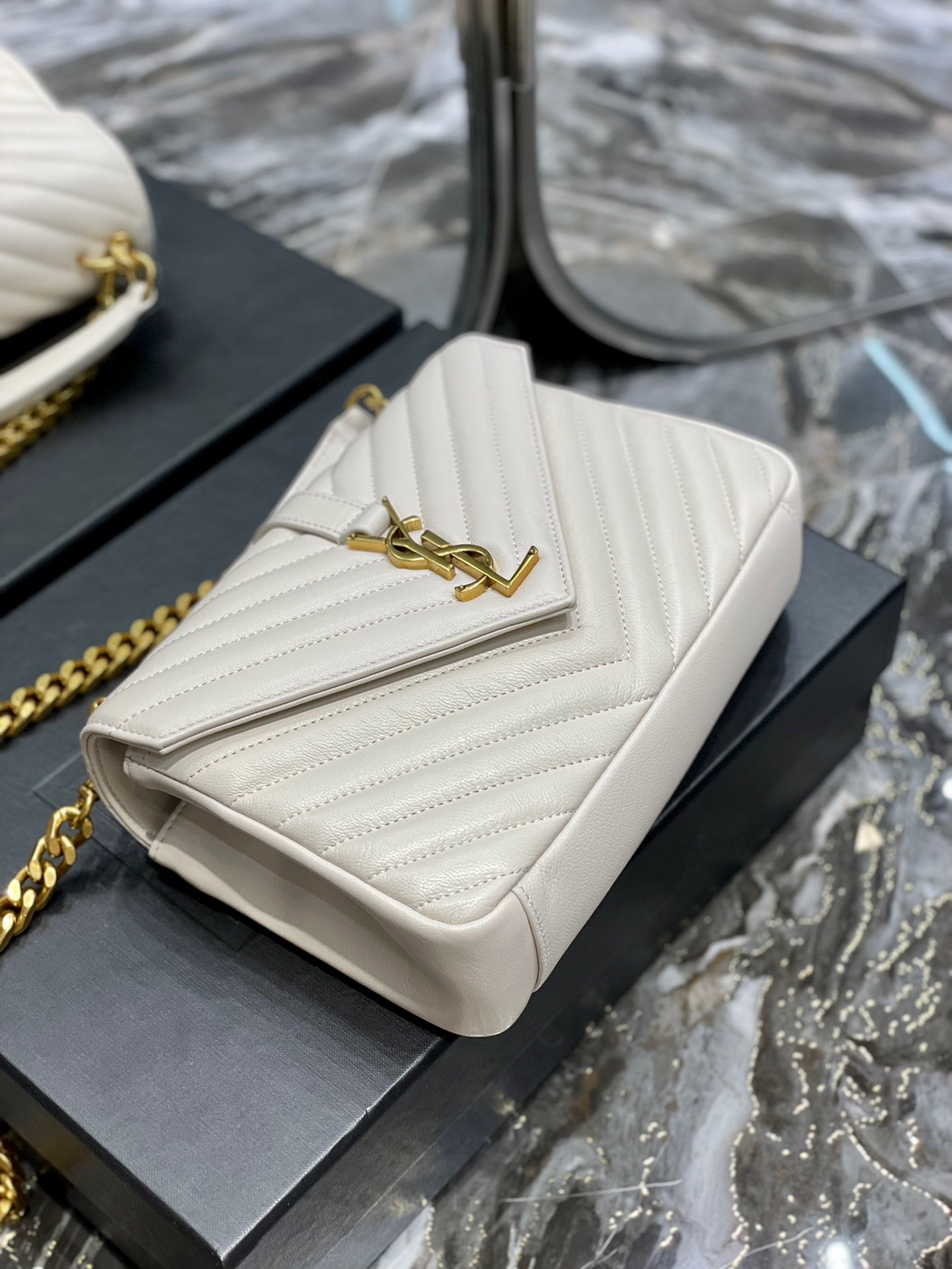 Saint Laurent College Medium Chain Bag In White Goatskin