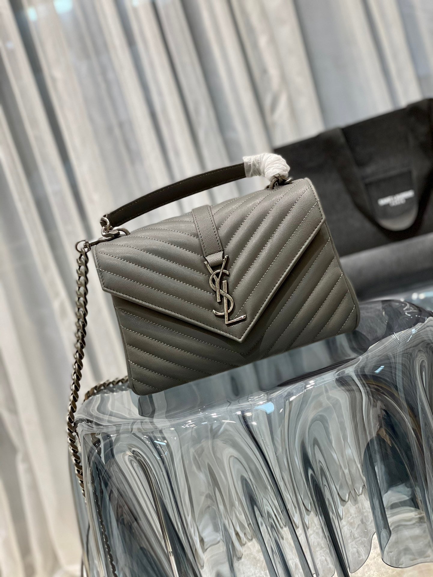 Saint Laurent College Medium Chain Bag In Gray Goatskin