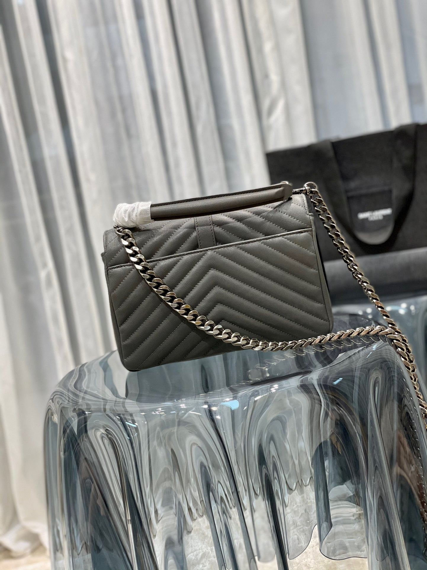 Saint Laurent College Medium Chain Bag In Gray Goatskin