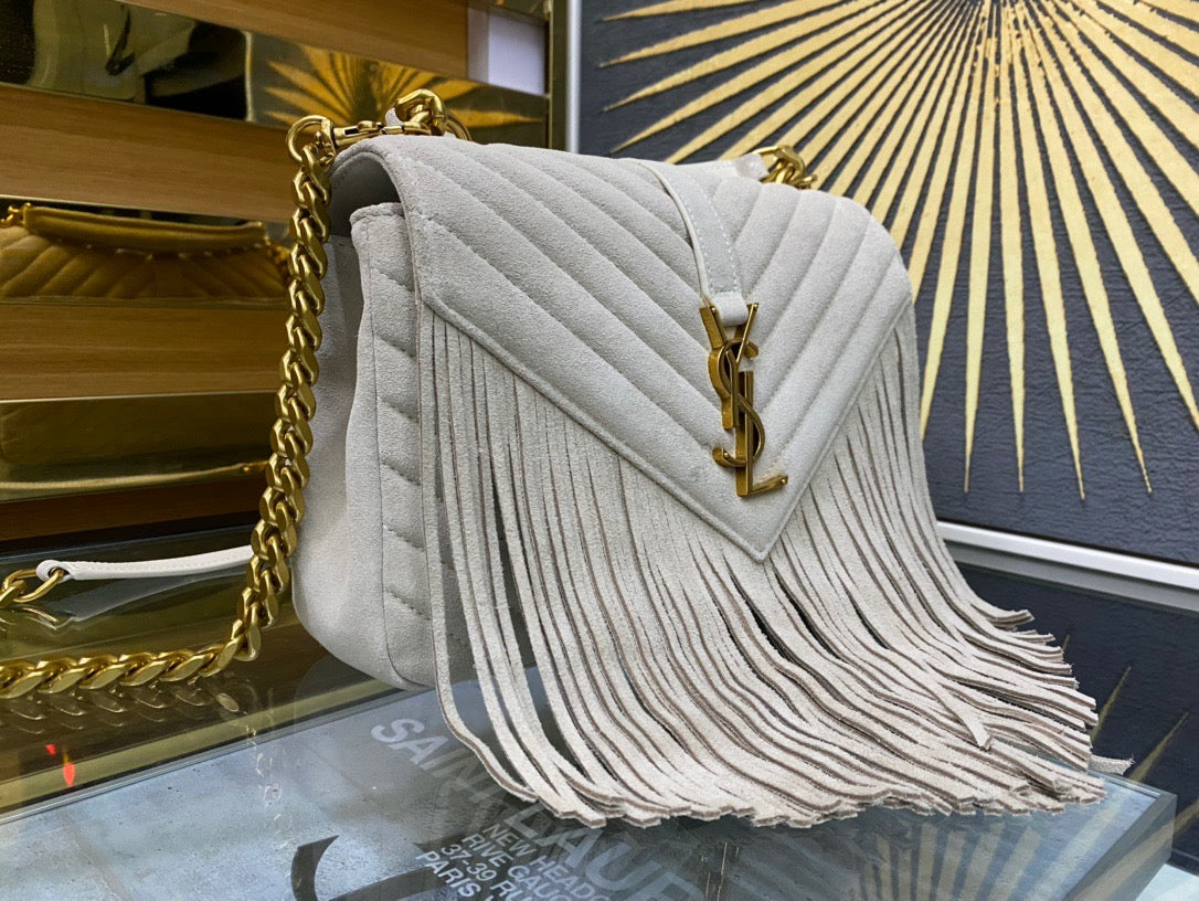 SAINT LAURENT College Quilted Off-white Suede Fringed Shoulder Bag