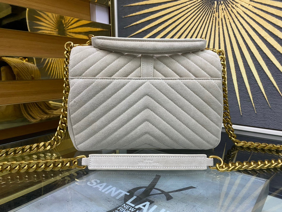 SAINT LAURENT College Quilted Off-white Suede Fringed Shoulder Bag