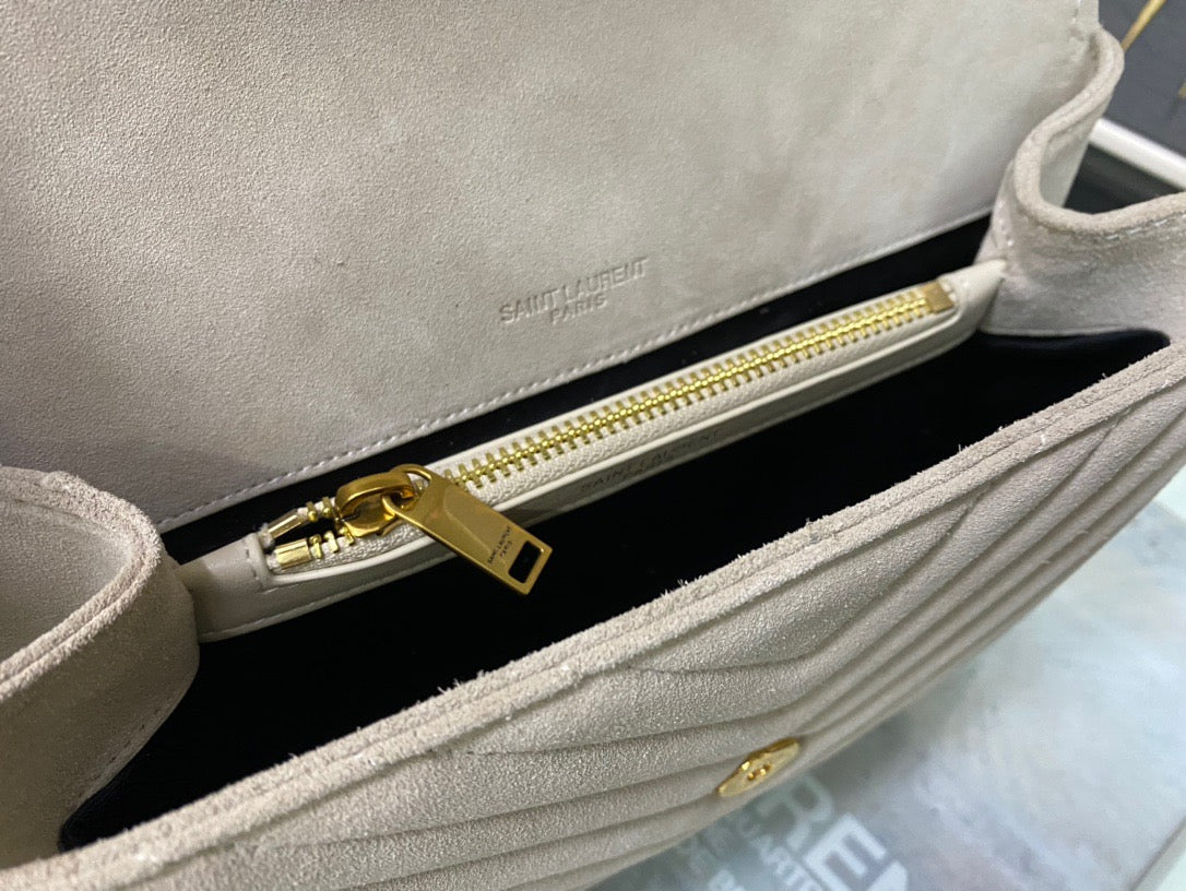 SAINT LAURENT College Quilted Off-white Suede Fringed Shoulder Bag