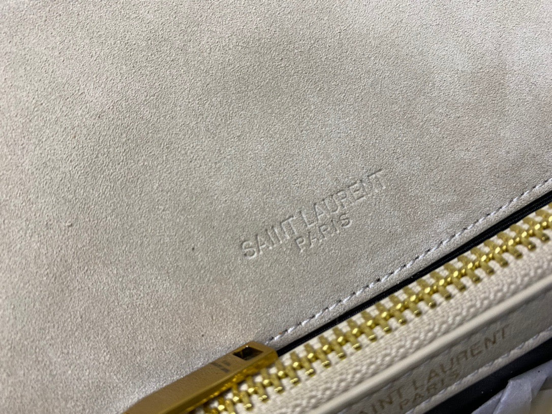 SAINT LAURENT College Quilted Off-white Suede Fringed Shoulder Bag