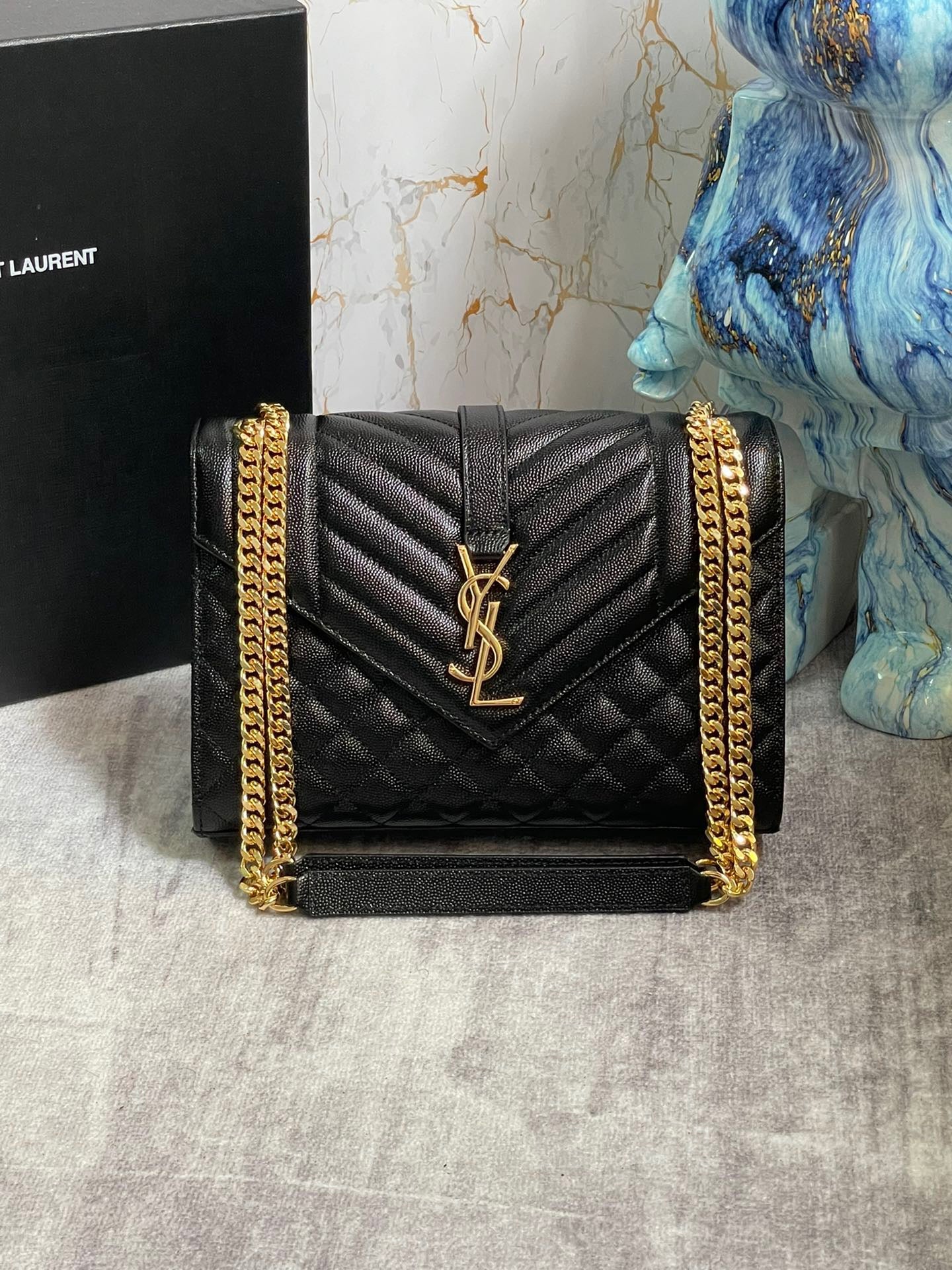 Saint Laurent Envelope Medium Quilted Black Grained Leather With Gold Hardware