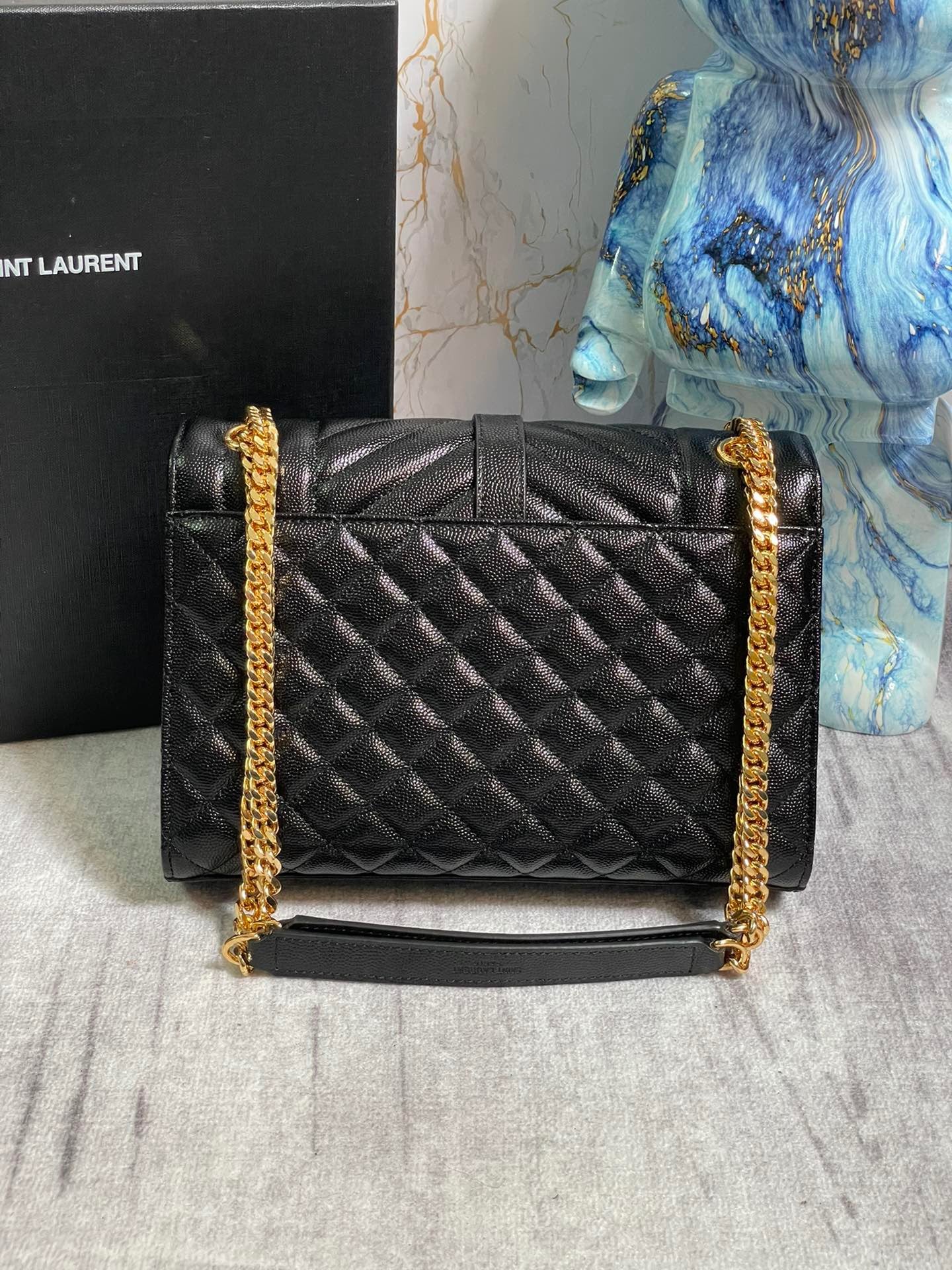 Saint Laurent Envelope Medium Quilted Black Grained Leather With Gold Hardware