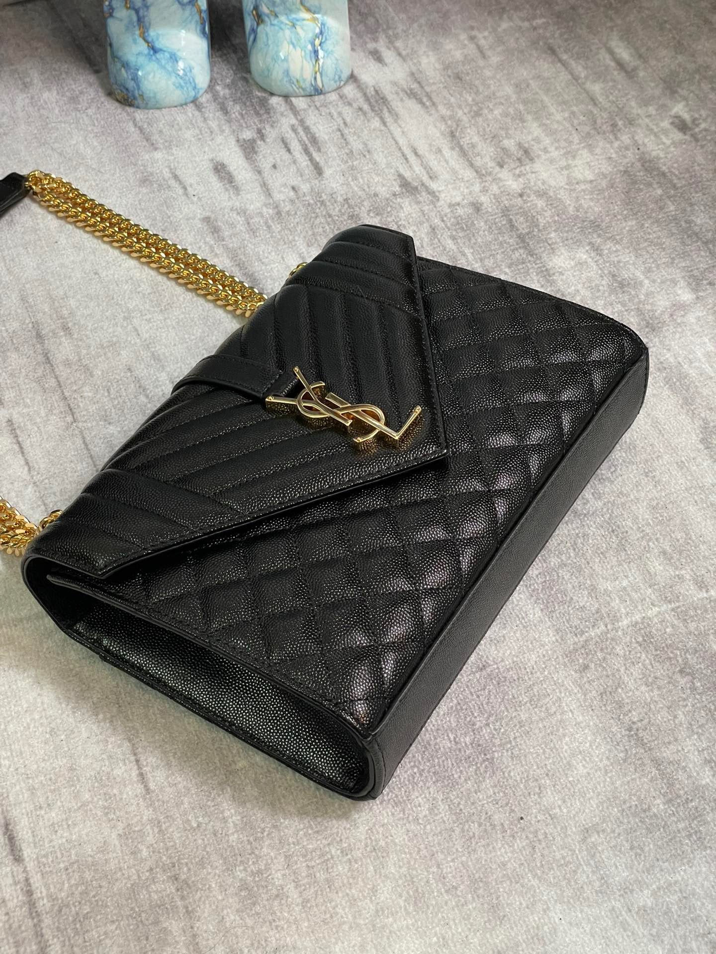 Saint Laurent Envelope Medium Quilted Black Grained Leather With Gold Hardware