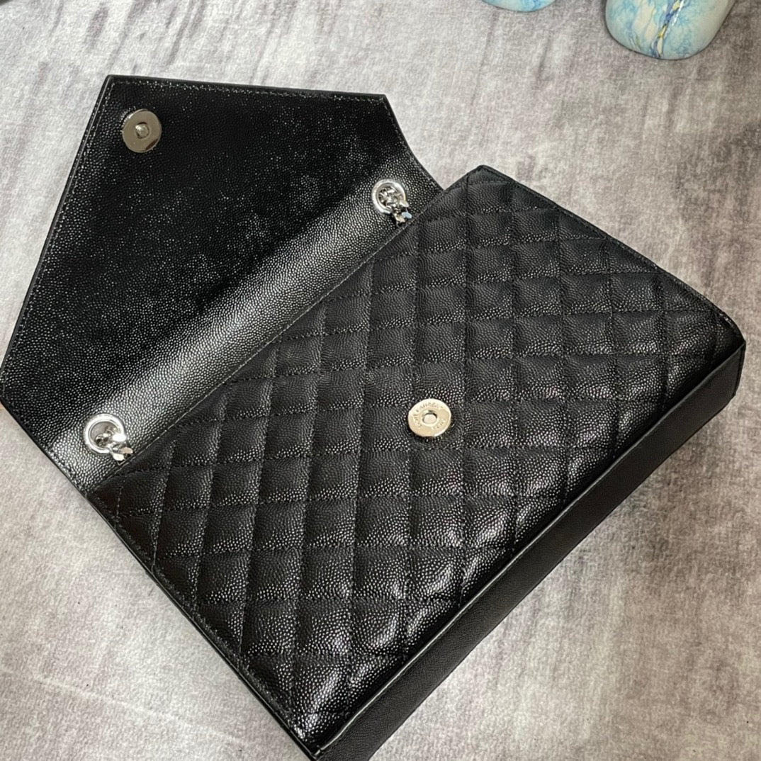 Saint Laurent Envelope Medium Quilted Black Grained Leather With Silver Hardware