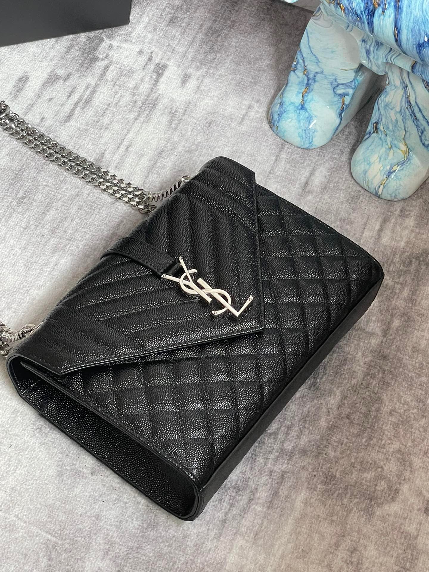 Saint Laurent Envelope Medium Quilted Black Grained Leather With Silver Hardware