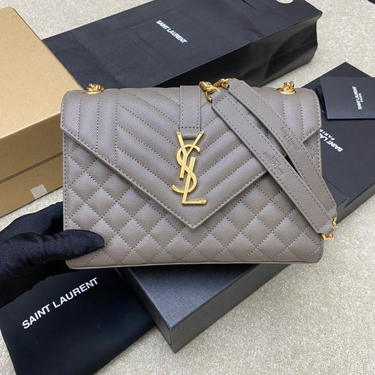 Saint Laurent Envelope Medium Quilted Gray Grained Leather Bag