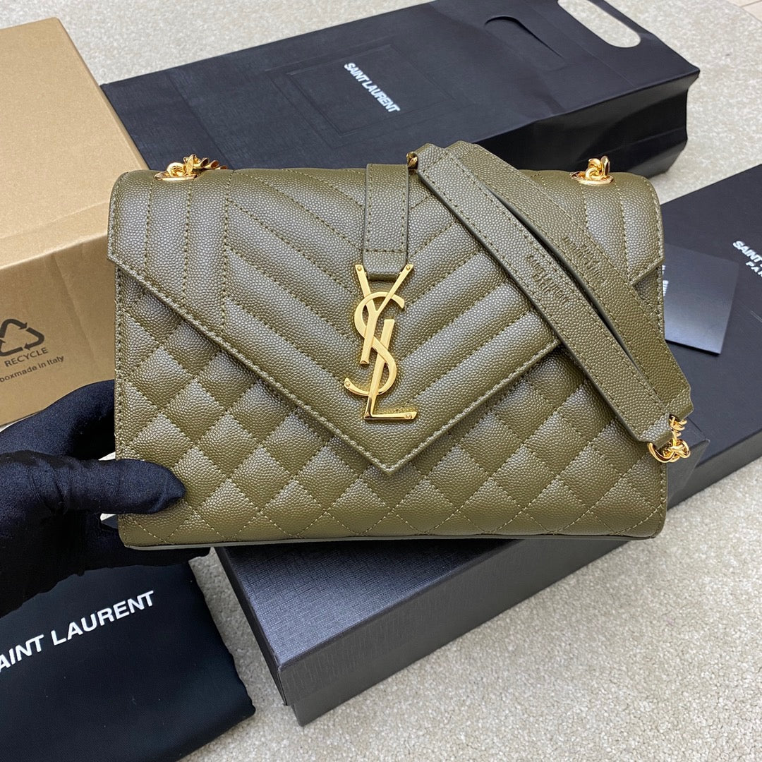 Saint Laurent Envelope Medium Quilted Green Grained Leather Bag