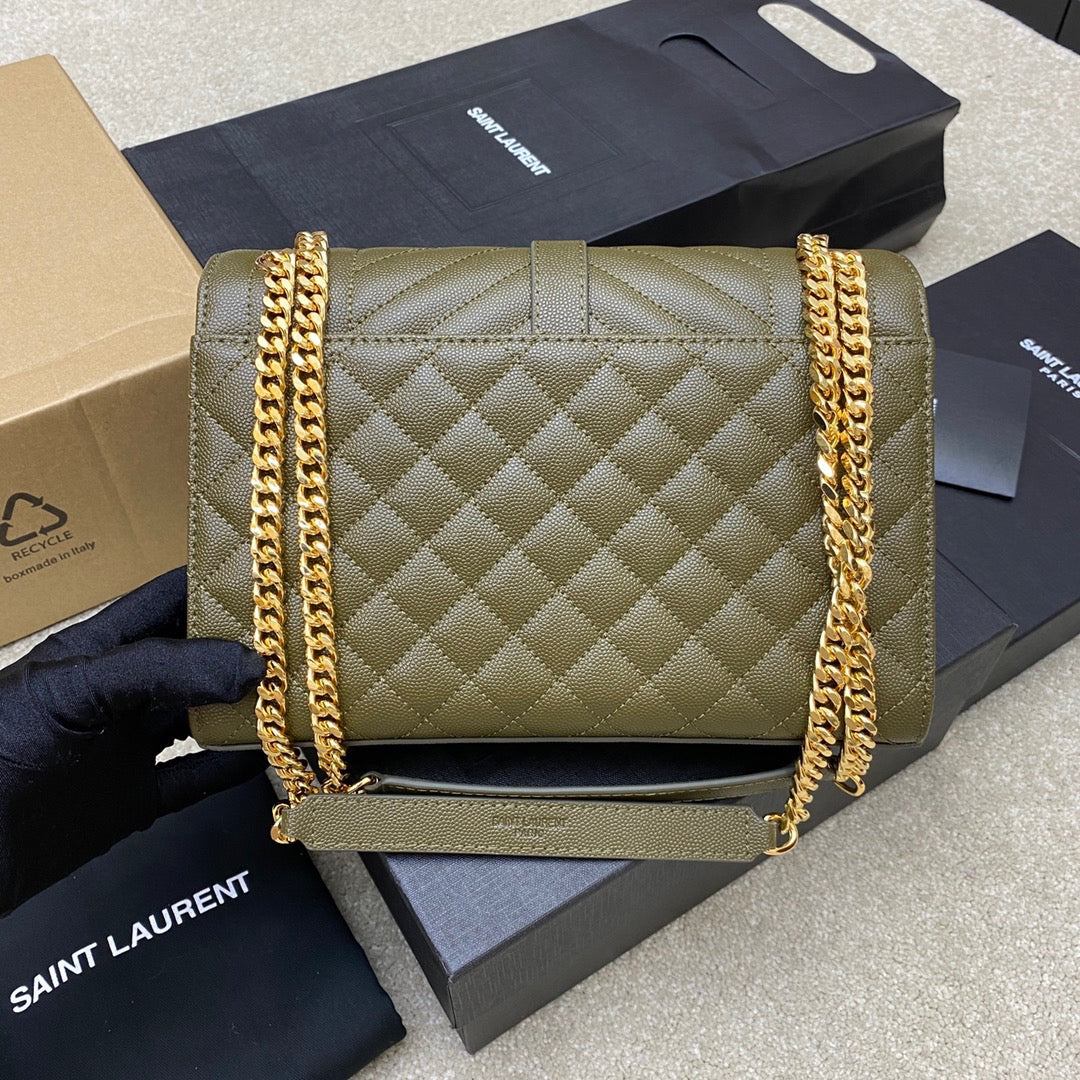 Saint Laurent Envelope Medium Quilted Green Grained Leather Bag