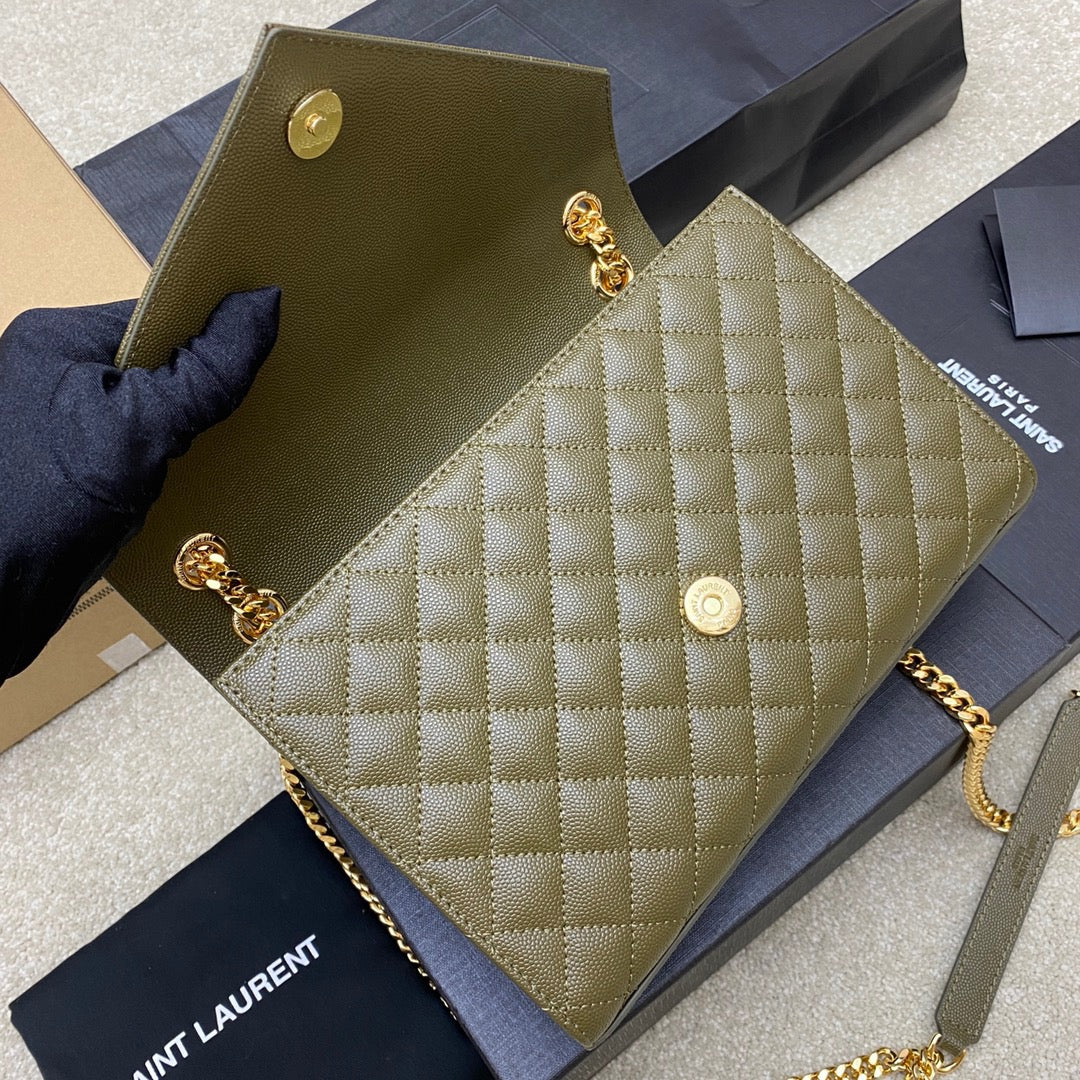 Saint Laurent Envelope Medium Quilted Green Grained Leather Bag