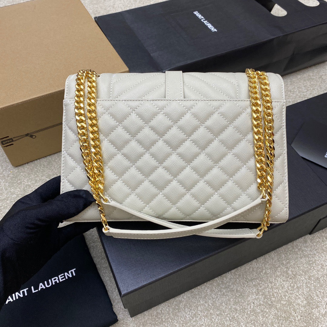 Saint Laurent Envelope Medium Quilted White Grained Leather Bag