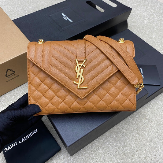 Saint Laurent Envelope Medium Quilted Gold Brown Grained Leather Bag