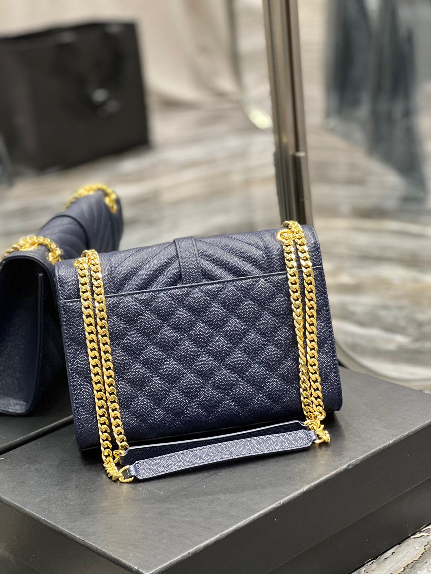 Saint Laurent Envelope Medium Quilted Dark Blue Grained Leather Bag