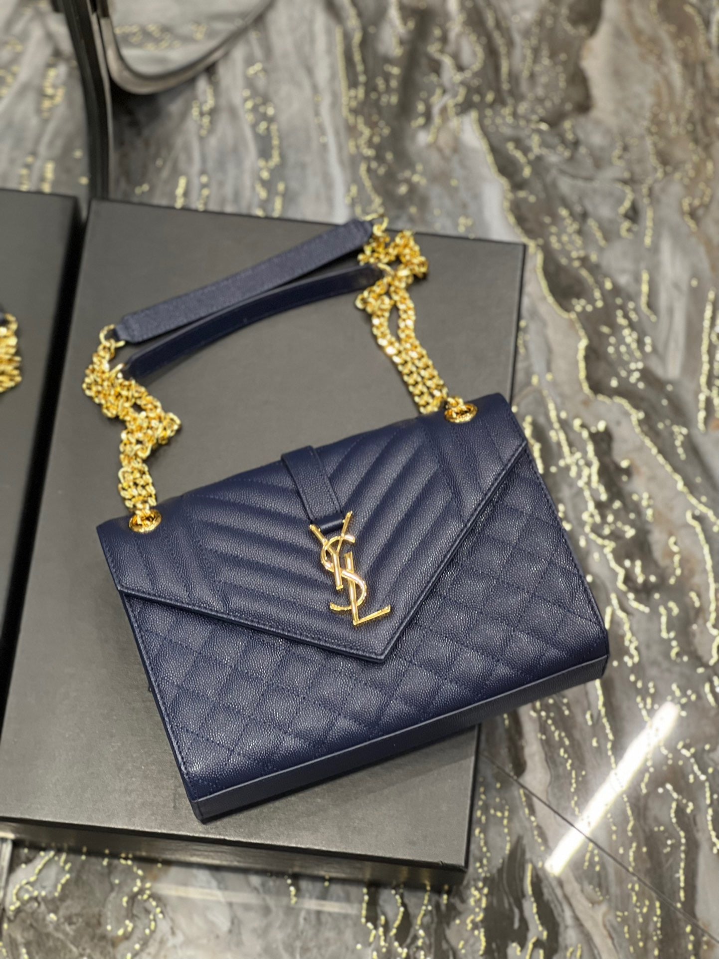 Saint Laurent Envelope Medium Quilted Dark Blue Grained Leather Bag