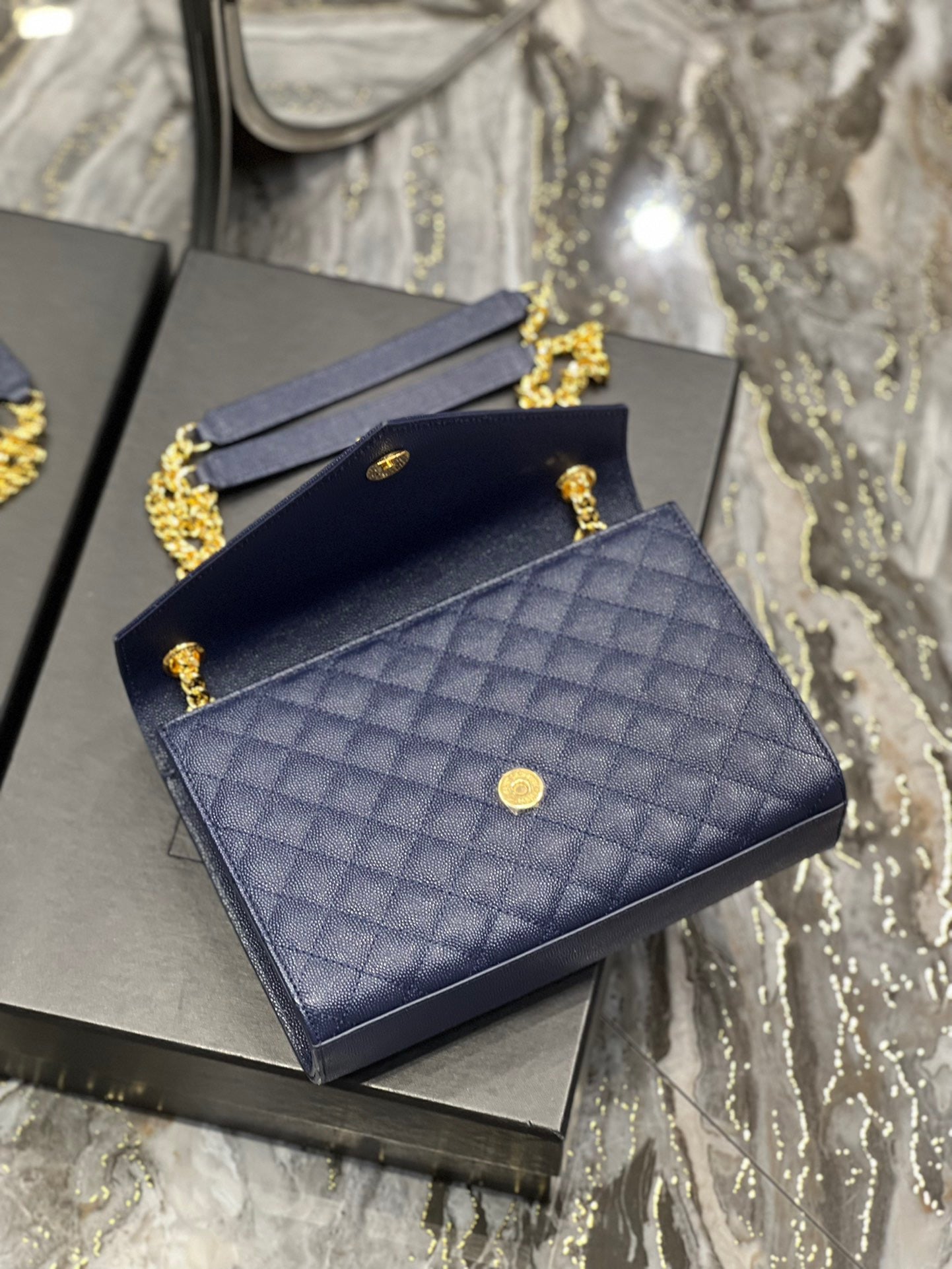 Saint Laurent Envelope Medium Quilted Dark Blue Grained Leather Bag