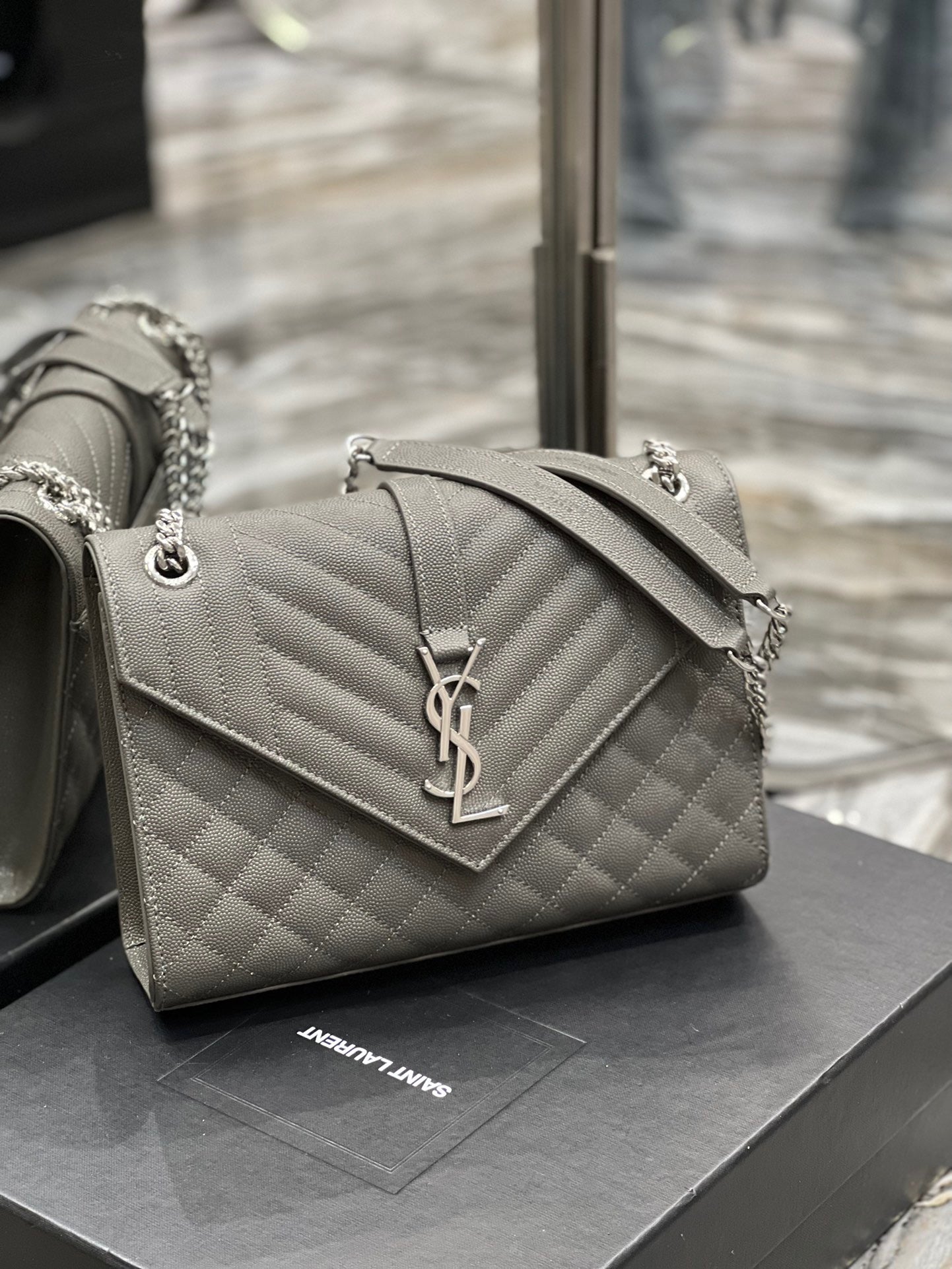 Saint Laurent Envelope Medium Quilted Gray Grained Leather With Silver Hardware