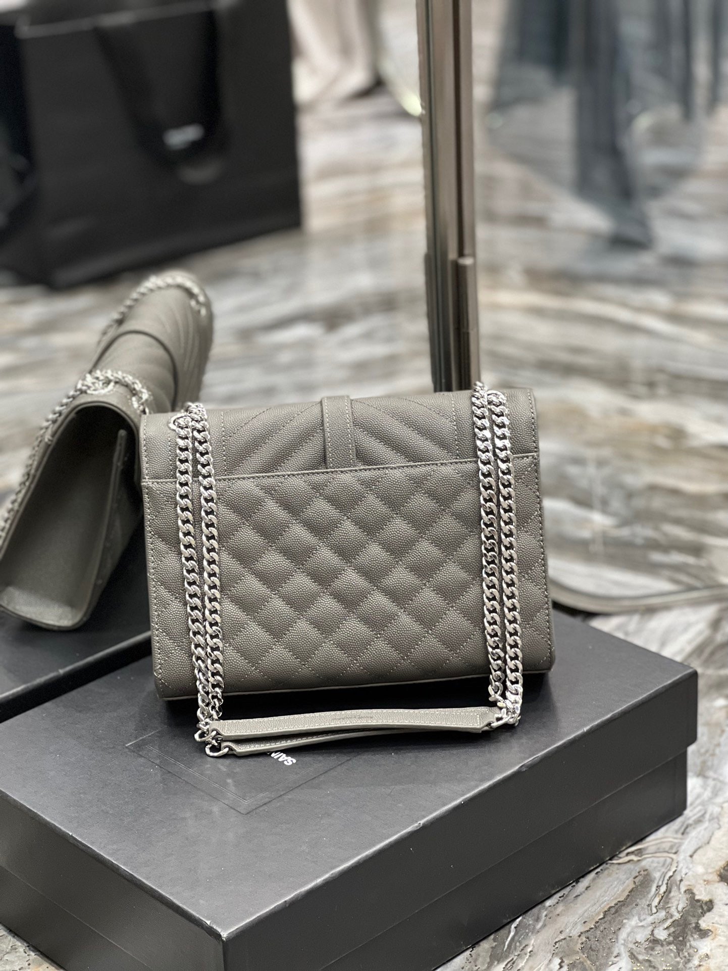 Saint Laurent Envelope Medium Quilted Gray Grained Leather With Silver Hardware