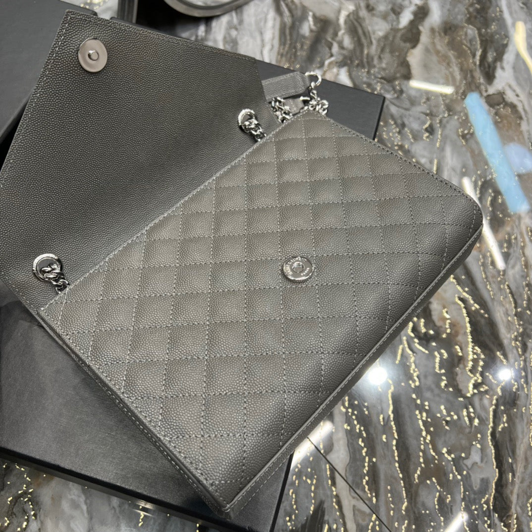 Saint Laurent Envelope Medium Quilted Gray Grained Leather With Silver Hardware