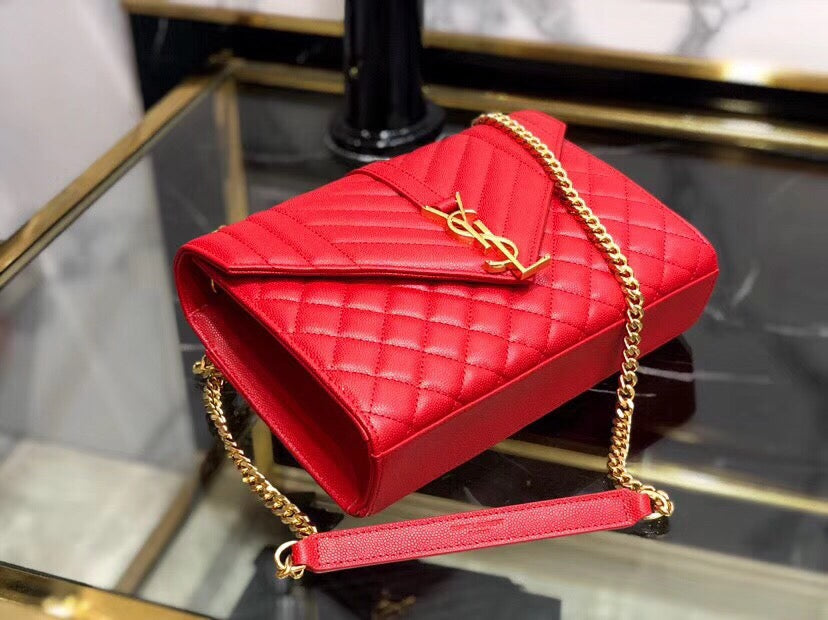 Saint Laurent Envelope Medium Quilted Red Grained Leather Bag