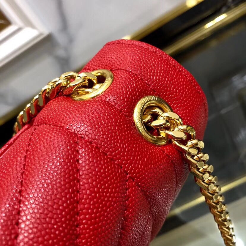 Saint Laurent Envelope Medium Quilted Red Grained Leather Bag