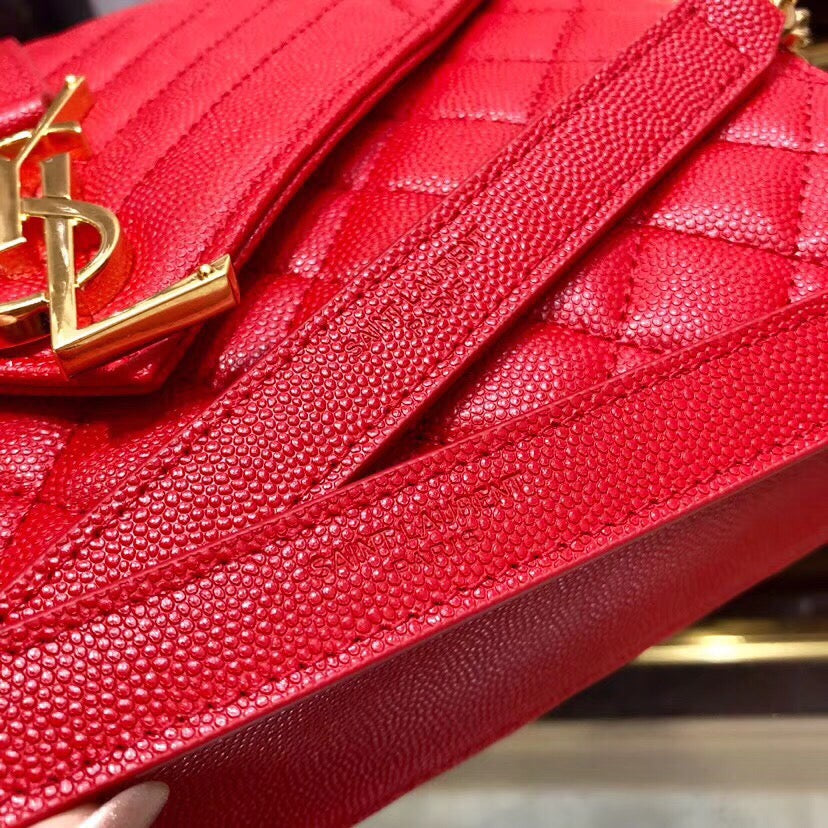 Saint Laurent Envelope Medium Quilted Red Grained Leather Bag