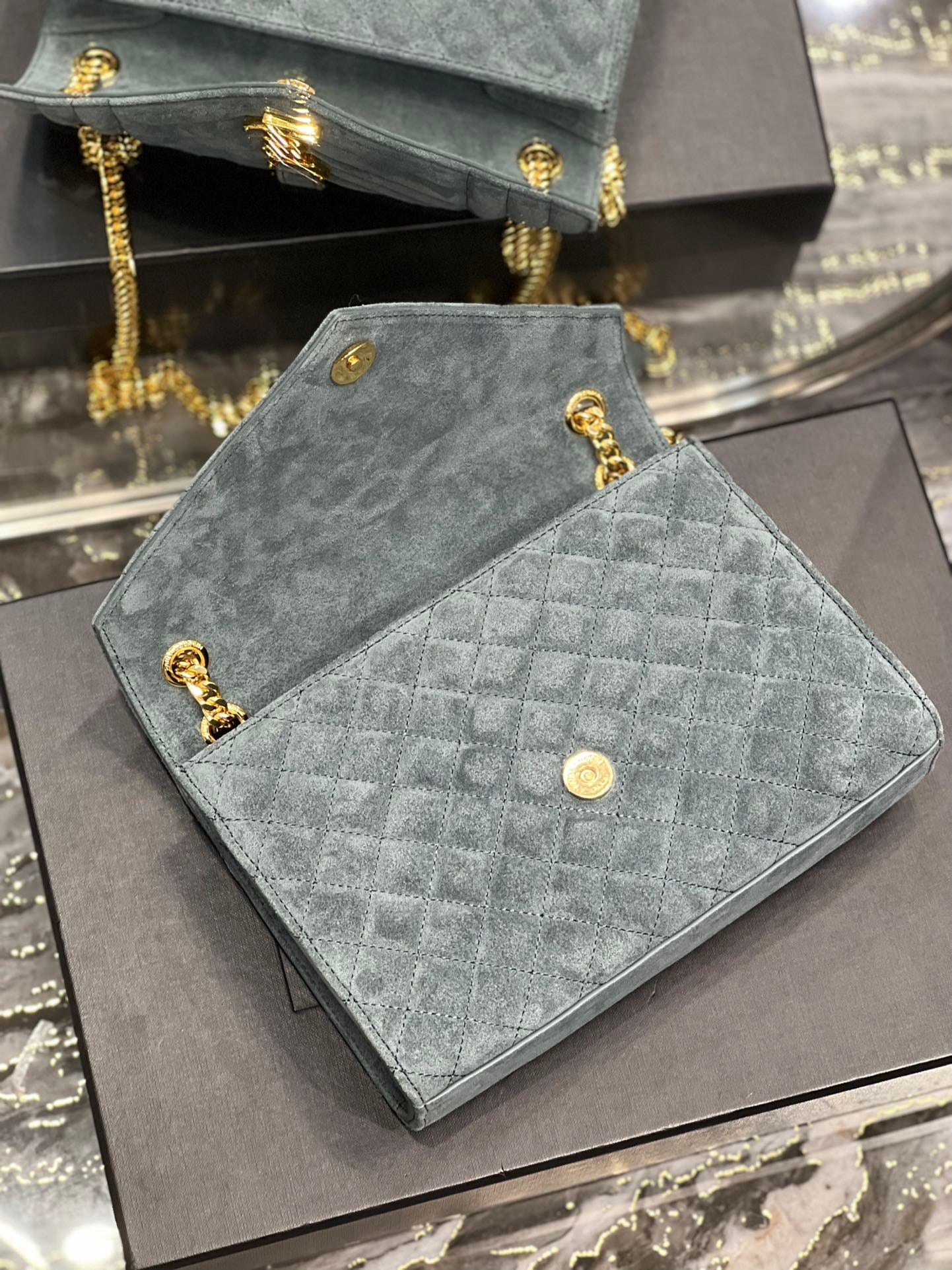 Saint Laurent Envelope Medium Quilted Light Blue Frosted Bag