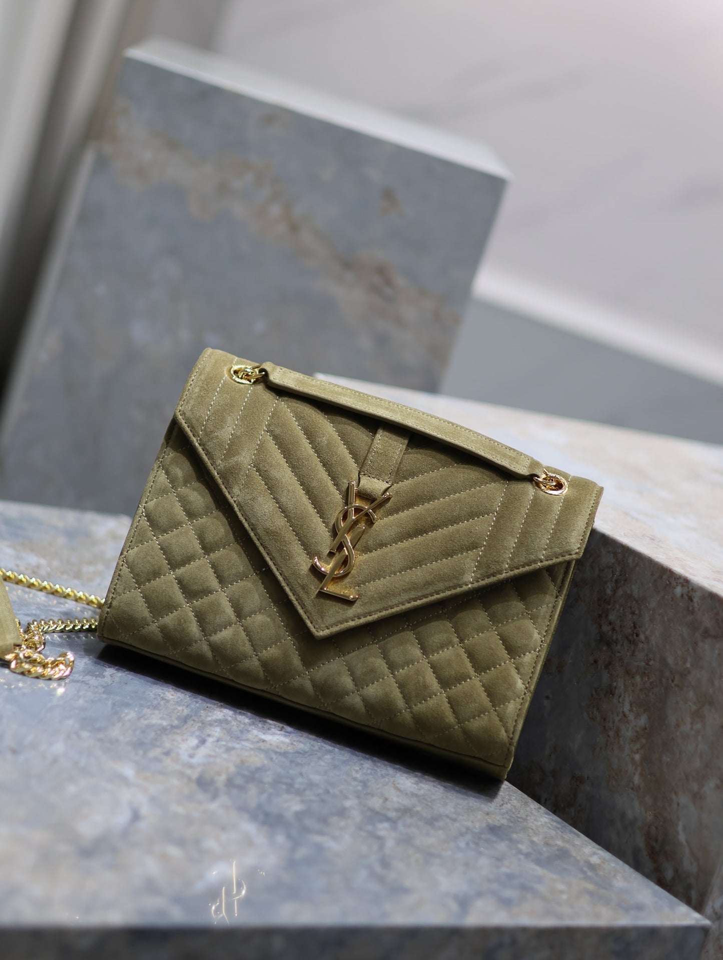 Saint Laurent Envelope Medium Quilted Green Frosted Bag