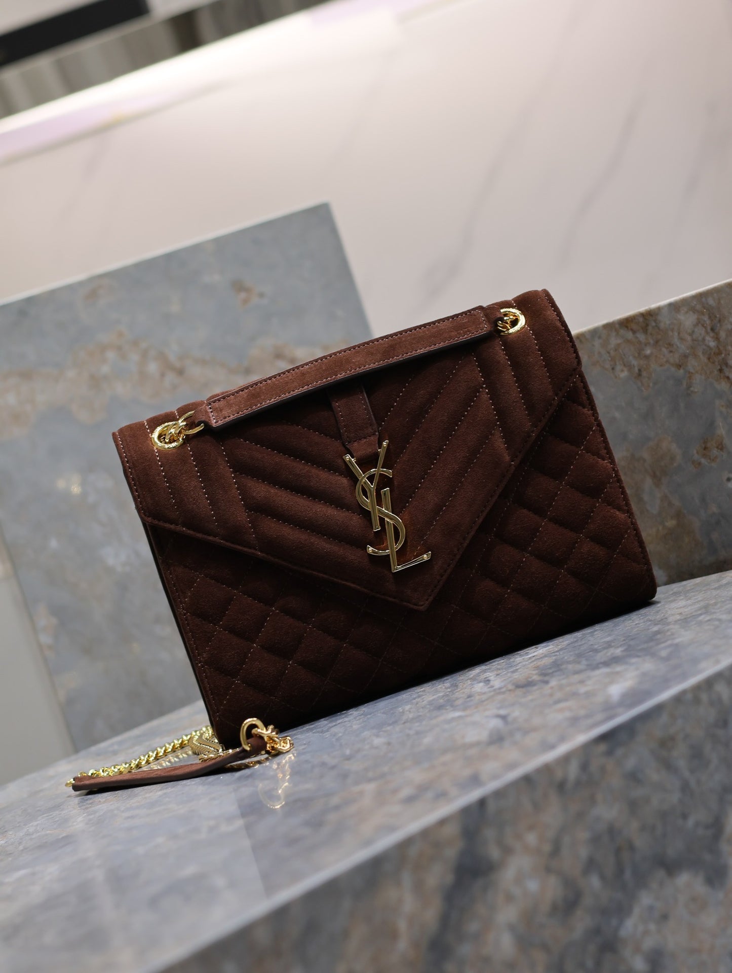 Saint Laurent Envelope Medium Quilted Burgundy Frosted Bag