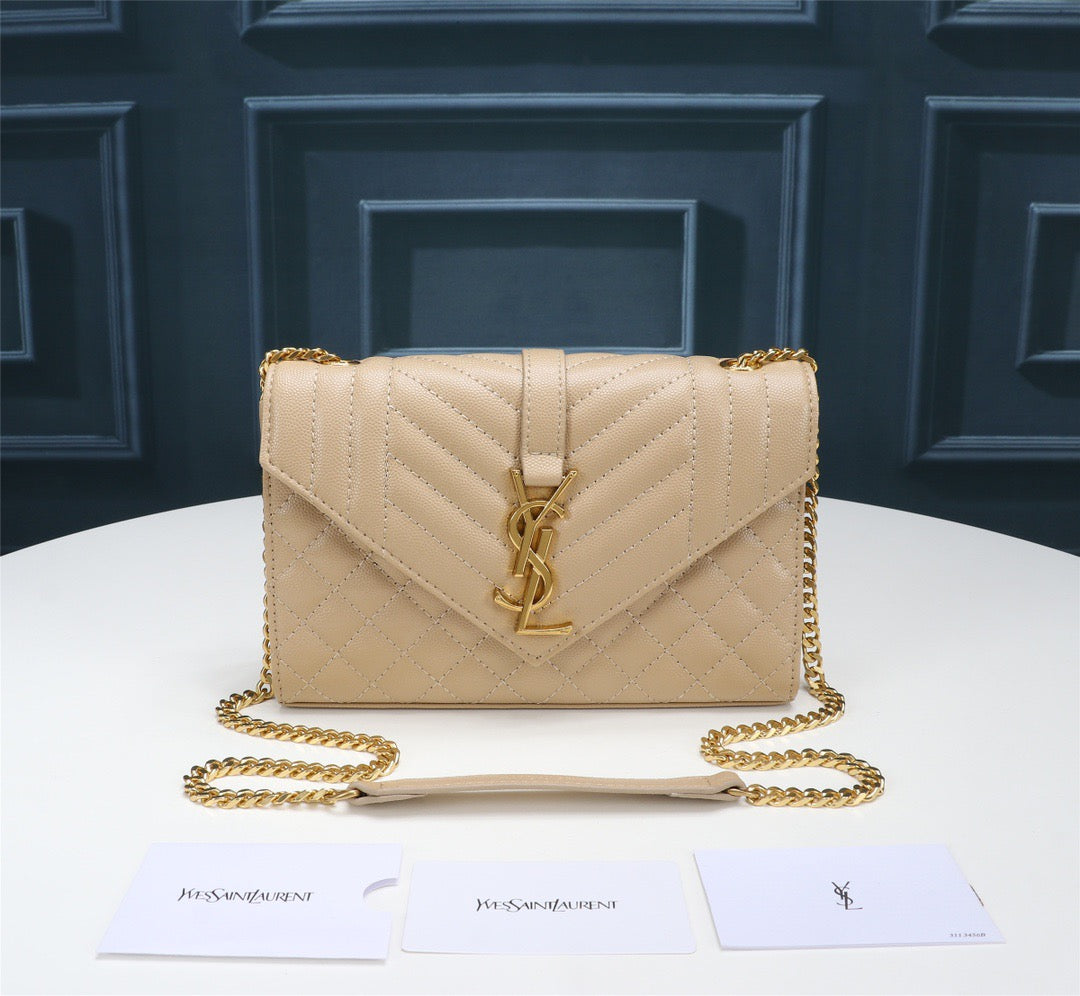 Saint Laurent Envelope Small Quilted Apricot Grained Leather Bag