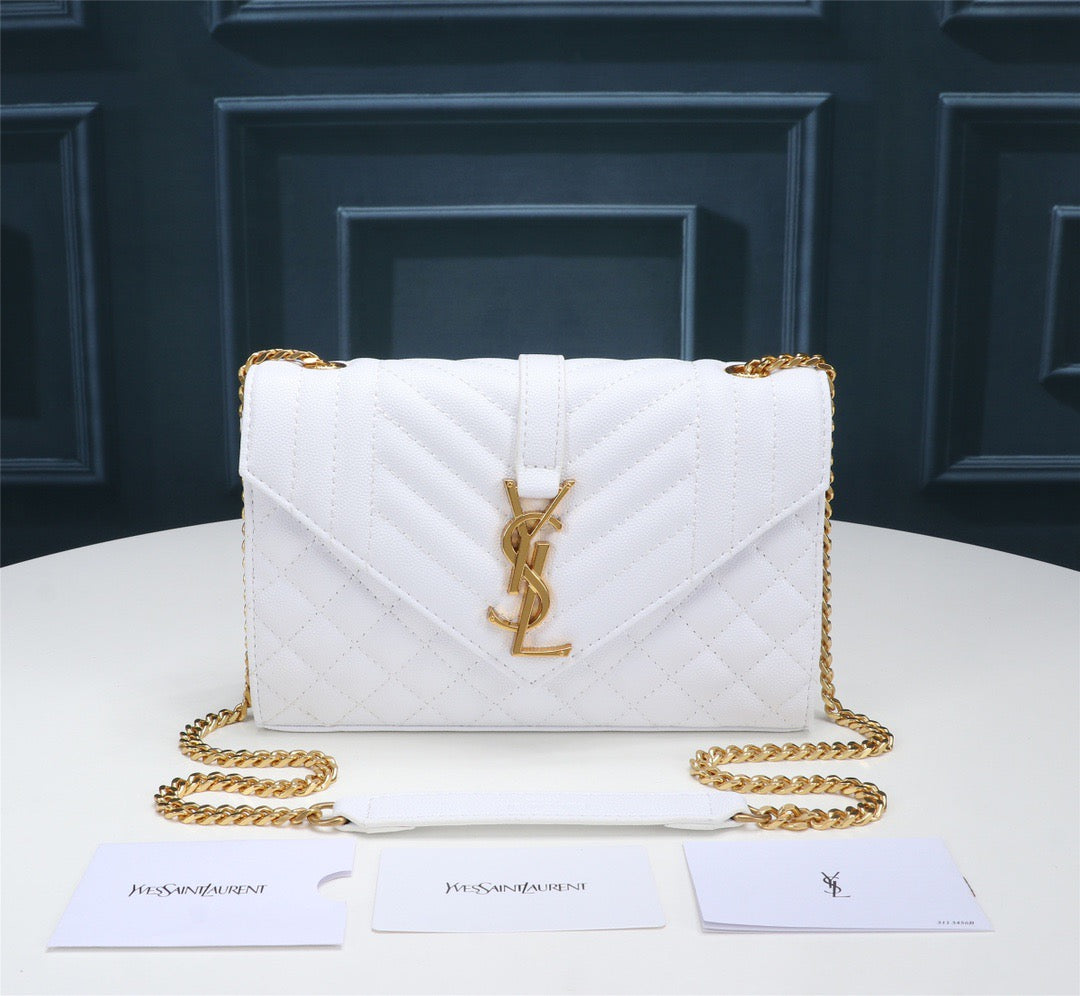 Saint Laurent Envelope Small Quilted White Grained Leather Bag