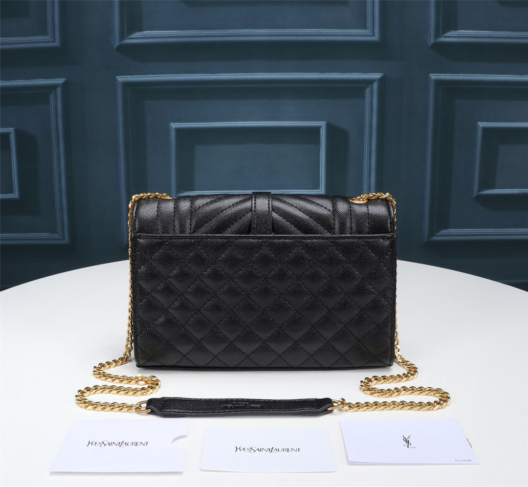 Saint Laurent Envelope Small Quilted Black Grained Leather With Gold Hardware