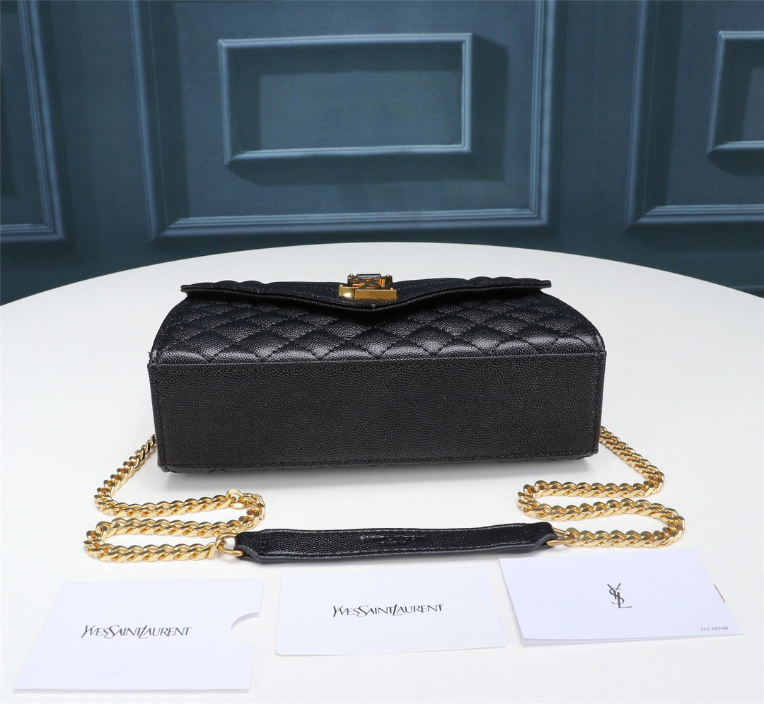 Saint Laurent Envelope Small Quilted Black Grained Leather With Gold Hardware