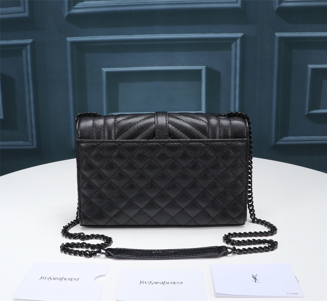 Saint Laurent Envelope Small Quilted Black Grained Leather With Black Hardware