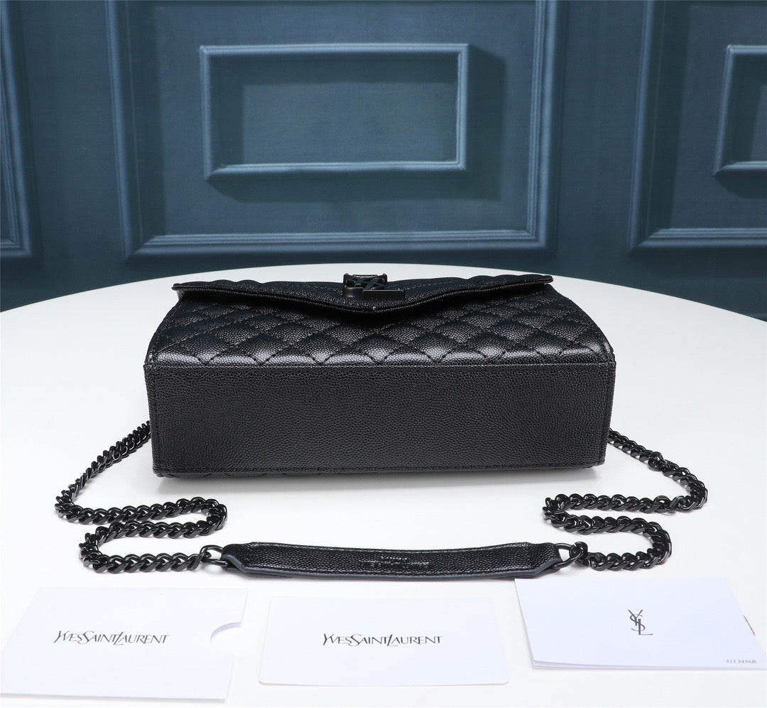 Saint Laurent Envelope Small Quilted Black Grained Leather With Black Hardware