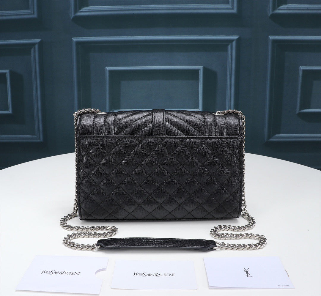 Saint Laurent Envelope Small Quilted Black Grained Leather With Silver Hardware