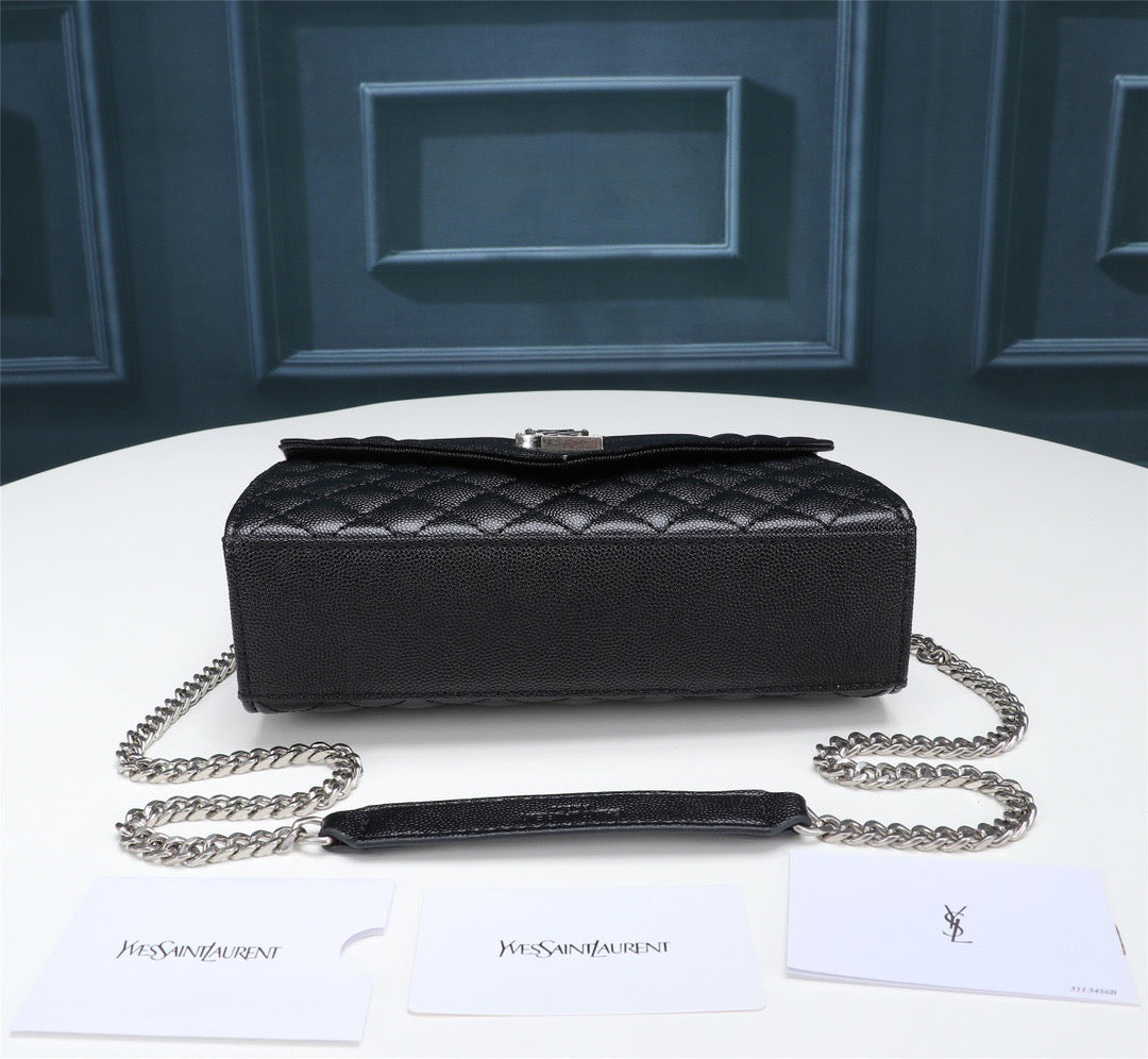 Saint Laurent Envelope Small Quilted Black Grained Leather With Silver Hardware