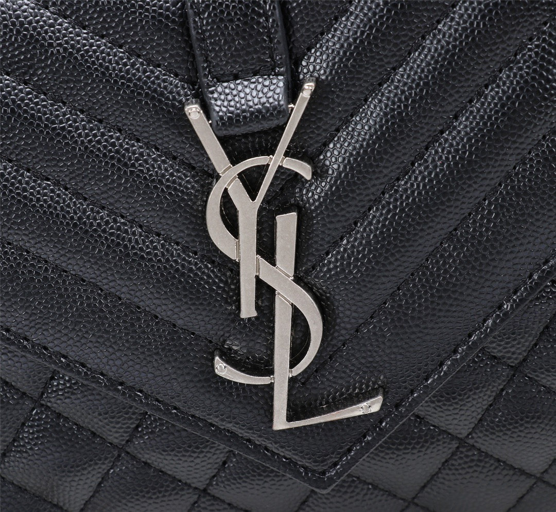 Saint Laurent Envelope Small Quilted Black Grained Leather With Silver Hardware